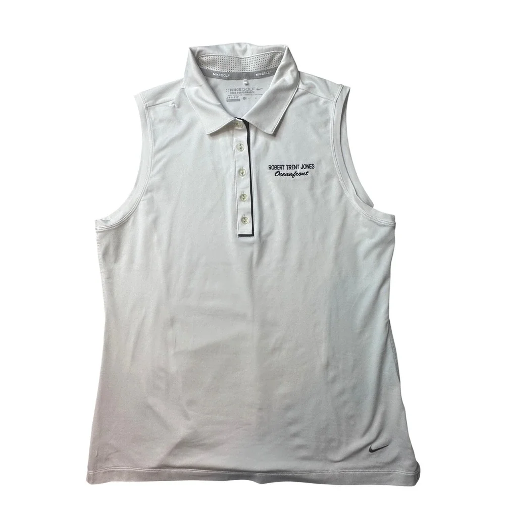 Nike‎ Polo Shirt Womens L White Robert Trent Jones Oceanfront Sleeveless Dri-FIT
